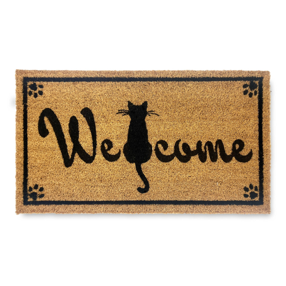 Joli tapis paillasson imprimé d’un chat noir et d’un lettrage de bienvenue