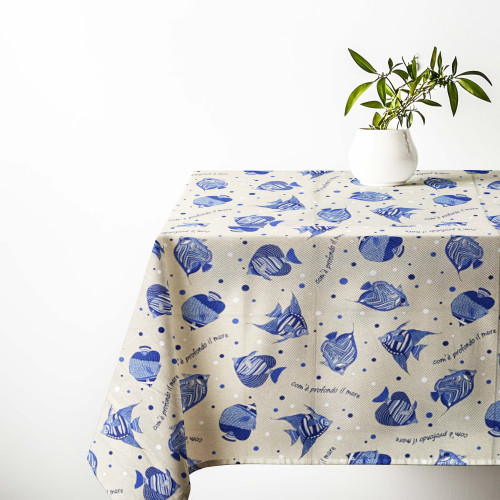 Dory Tablecloth "How Deep is the Sea" – Blue fish print on raw background – Made in Italy
