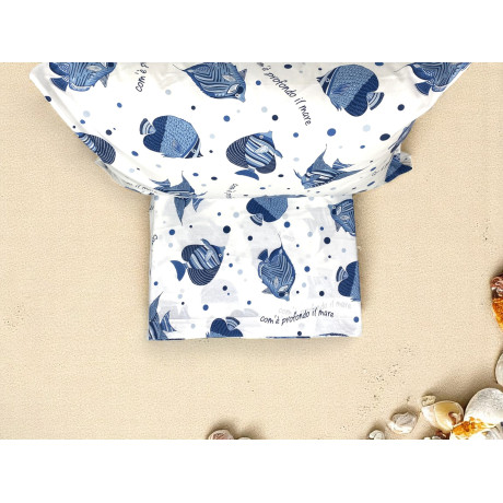 "How Deep is the Sea" bed set with blue fish print on a white background