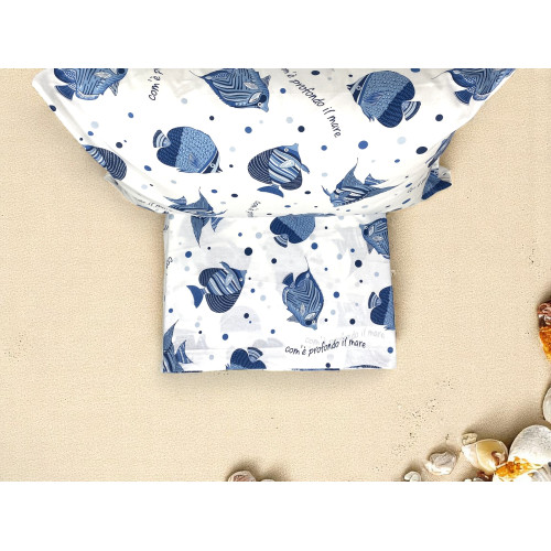 Federa del completo letto marino con pesci e pois blu in cotone 100%