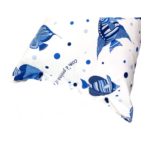 Completo letto “Com’è Profondo il Mare” con stampa pesci blu su fondo bianco