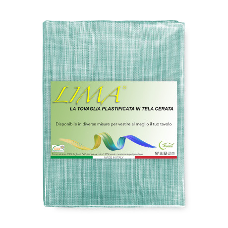 Tovaglia LIMA Acqua Marina – Vista frontale sul tavolo – Tela cerata plastificata