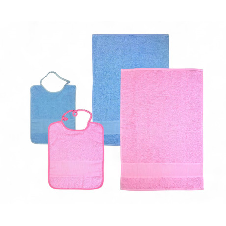 Set asilo 2 pezzi rosa con bavaglino e asciugamano in spugna di cotone