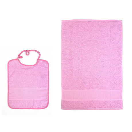 Pink 2-piece kindergarten set with bib and cotton terry towel