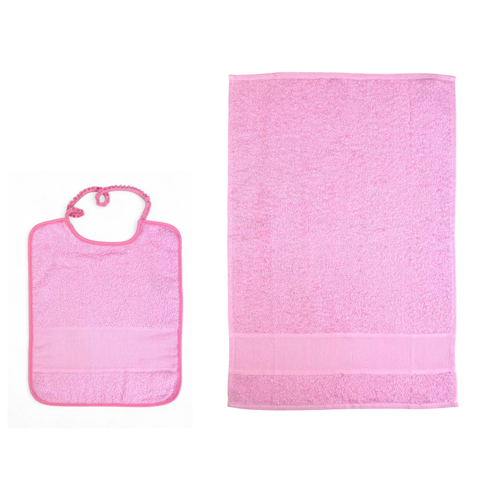 Pink 2-piece kindergarten set with bib and cotton terry towel Pink 2-piece kindergarten set with bib and cotton terry towel