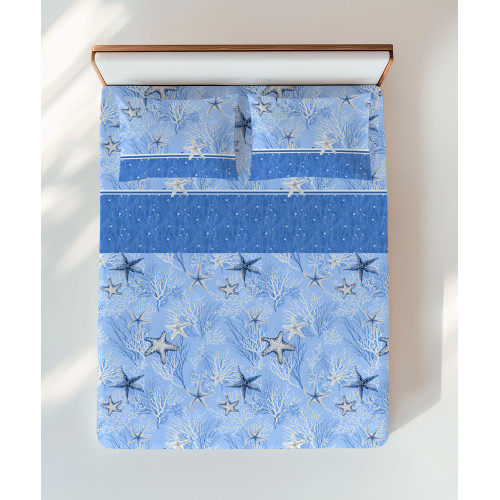 Conjunto de lino azul con estrellas de mar y corales – vista a la cama doble