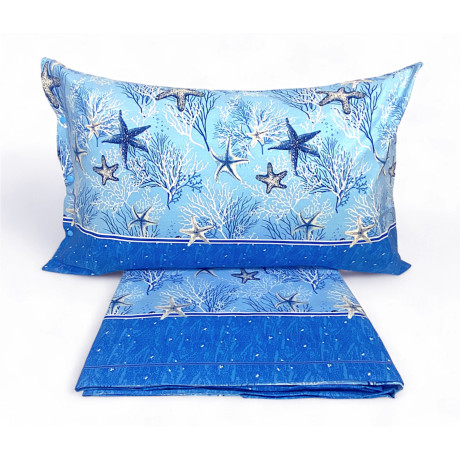 Conjunto de lino azul con estrellas de mar y corales – vista a la cama doble