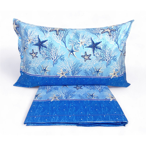 Fabric detail with coral print and light blue buttons on pillowcase