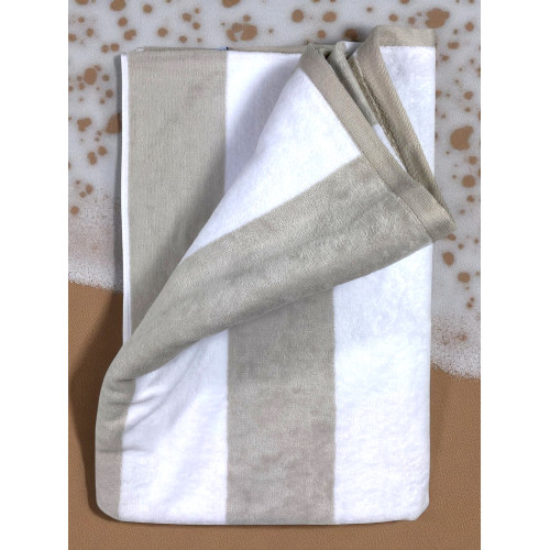 Serviette de plage rayée beige taupe en jacquard de coton, vue avant-dos