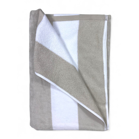 Taupe beige striped beach towel in soft cotton, suitable for beach or swimming pool