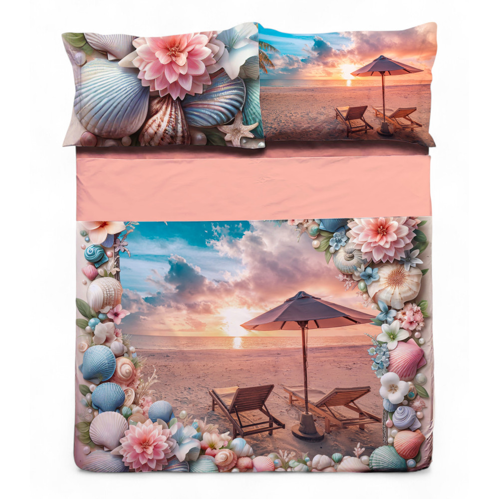 Completo letto matrimoniale Estate - Lenzuolo copriletto in cotone con stampa digitale spiaggia Completo letto matrimoniale Estate - Lenzuolo copriletto in cotone con stampa digitale spiaggia