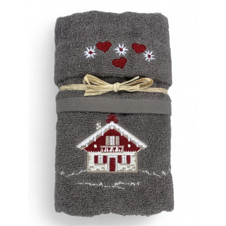Graues Tiroler Tiroler Handtuchset mit Stickerei Alpenhaus aus 100% Baumwollfrottee