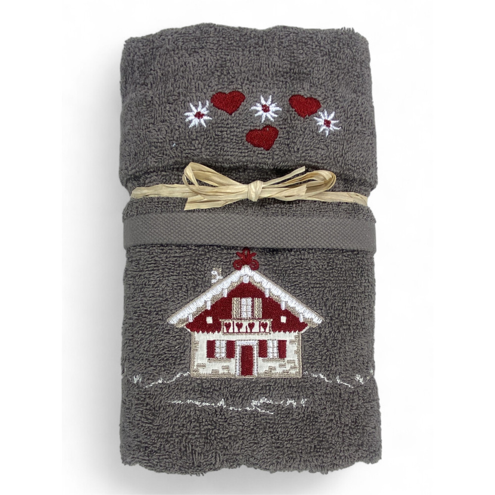 Graues Tiroler Tiroler Handtuchset mit Stickerei Alpenhaus aus 100% Baumwollfrottee
