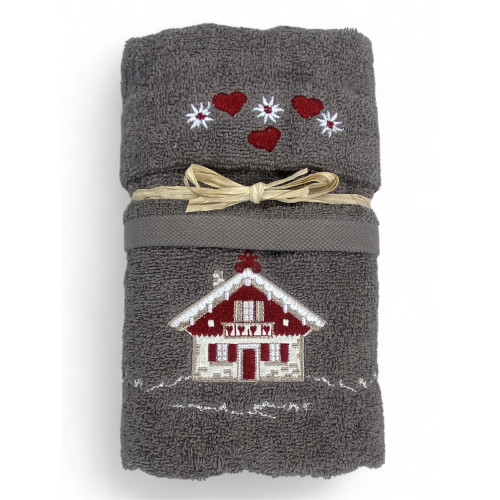 Graues Tiroler Tiroler Handtuchset mit Stickerei Alpenhaus aus 100% Baumwollfrottee