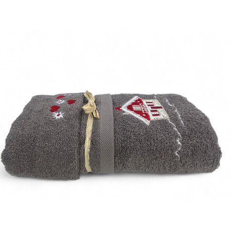 Tyrolean bathroom set in grey terry cloth with embroidered house and elegant packaging