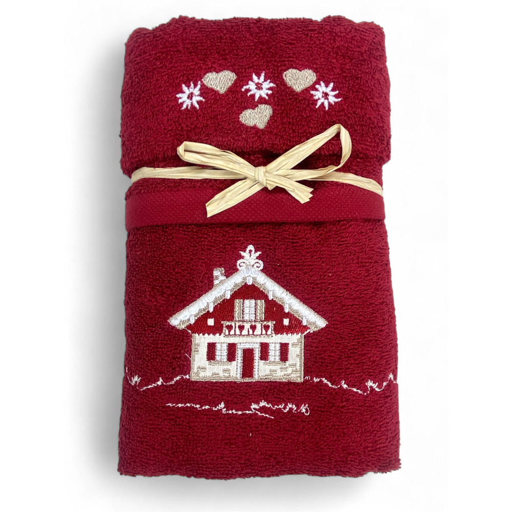 Handtuchset Tiroler Tirol Burgund mit Stickerei Alpenhaus aus Frottee 100% Baumwolle