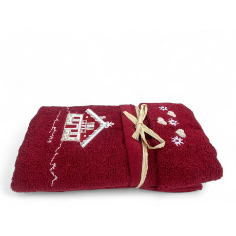 Set asciugamani Tirolese Tirolo bordeaux con ricamo casetta alpina in spugna 100% cotone