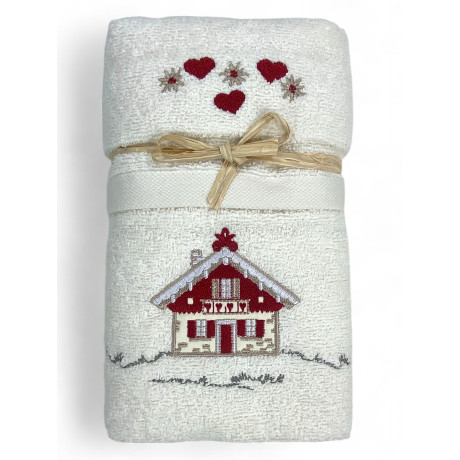 Cremefarbenes Tiroler Handtuchset mit Stickerei Alpenhaus aus 100% Baumwollfrottee