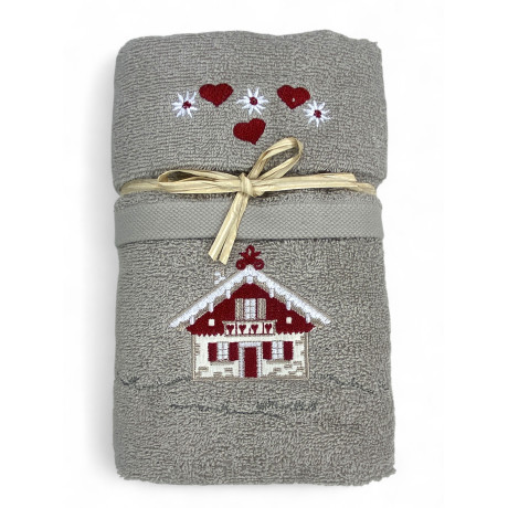 Taupe Tiroler Handtuchset mit Tiroler Hausstickerei auf Frottee 100% Baumwolle