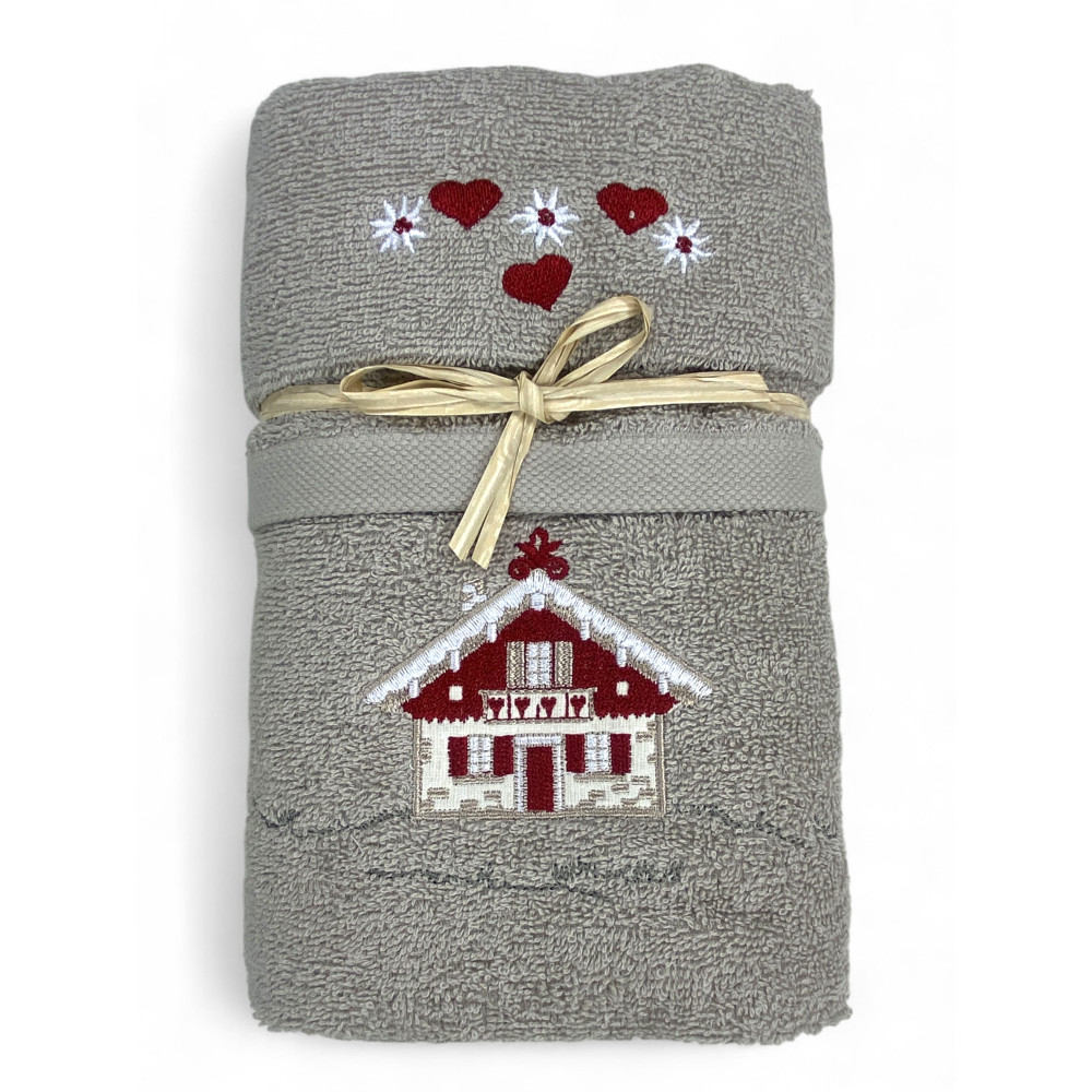 Taupe Tyrolean towel set with Tyrolean house embroidery on terry cloth 100% cotton Taupe Tyrolean towel set with Tyrolean house embroidery on terry cloth 100% cotton
