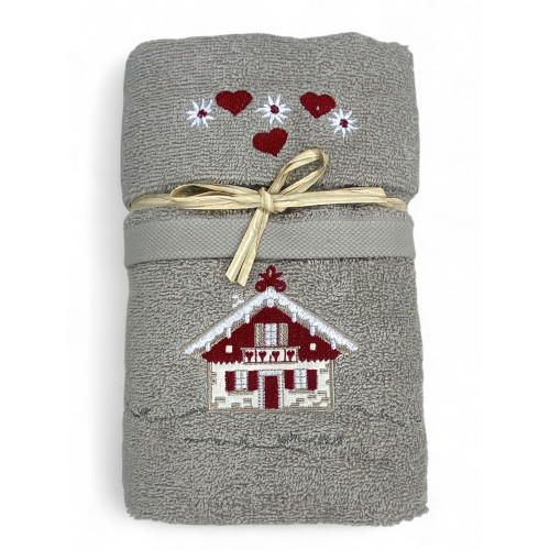 Taupe Tyrol towel with red heart decorations and edelweiss