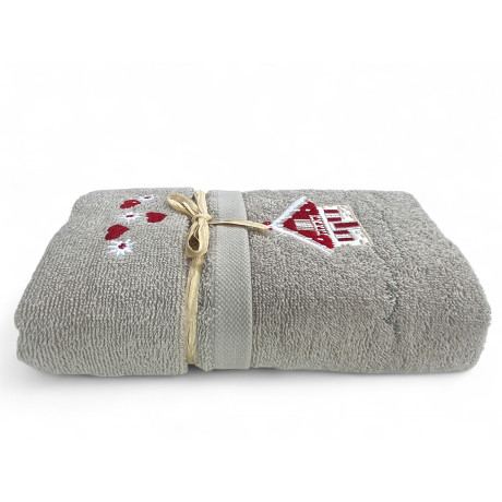 Taupe Tyrol towel with red heart decorations and edelweiss