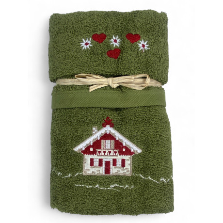 Ensemble de serviettes tyroliennes vertes avec broderie maison de chalet sur tissu éponge 100 % coton