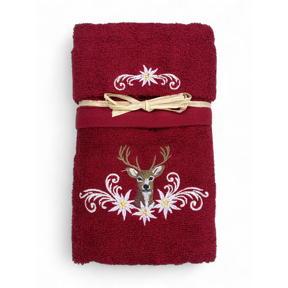 Tyrolean burgundy towel set with deer and edelweiss embroidery on 100% cotton terry cloth