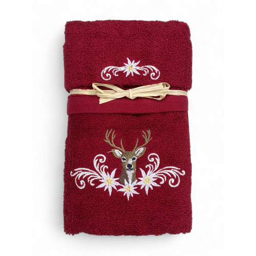 Set asciugamani bordeaux Tirolese con ricamo cervo e stelle alpine su spugna 100% cotone