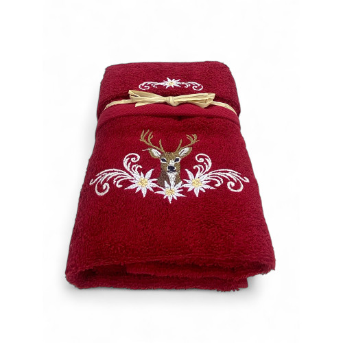 Asciugamano Tirolo bordeaux con cervo centrale ricamato e fiore stella alpina