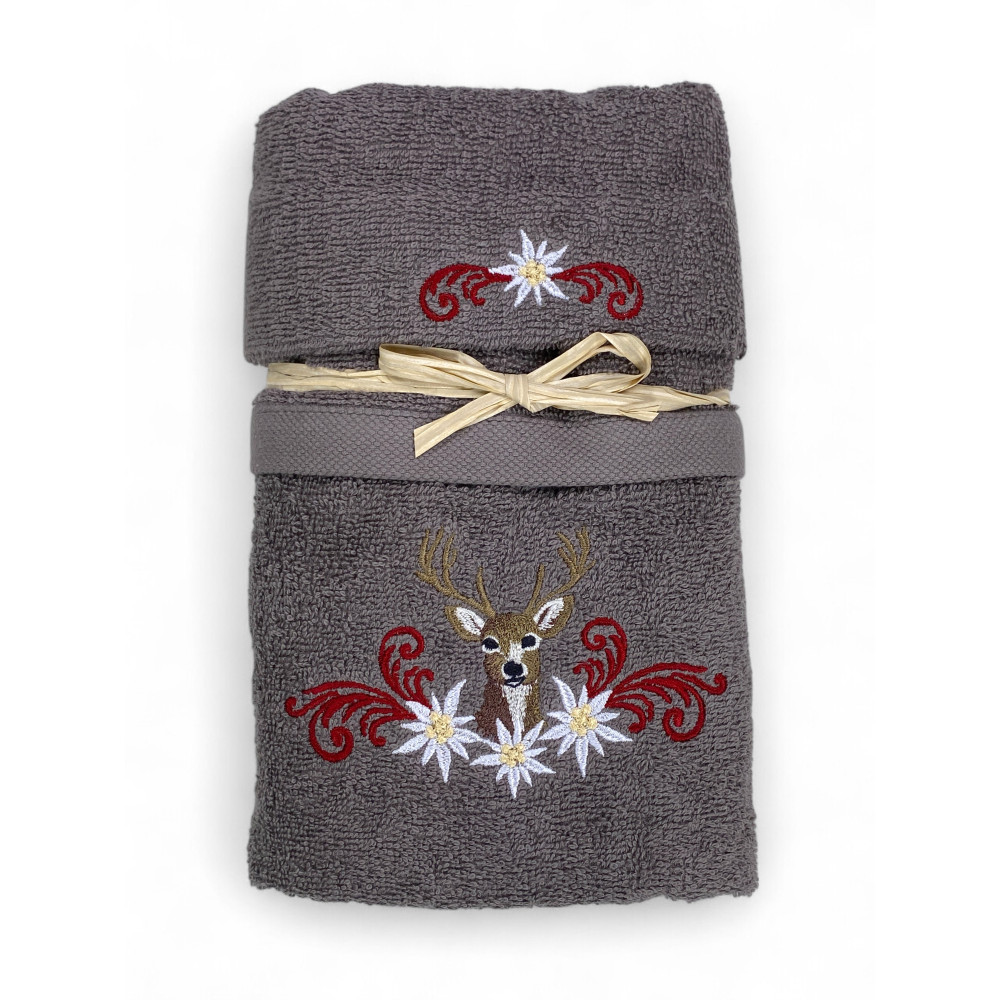 Set asciugamani grigio Tirolese con ricamo cervo e stelle alpine su spugna 100% cotone