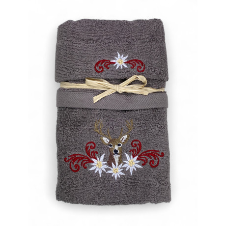 Ensemble de serviettes tyroliennes grises avec broderie cerf et edelweiss sur tissu éponge 100 % coton