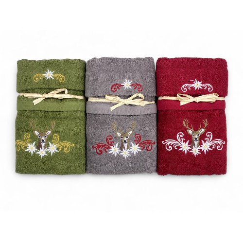 Asciugamani tirolesi in cotone grigio con decoro cervo e fiori bianchi