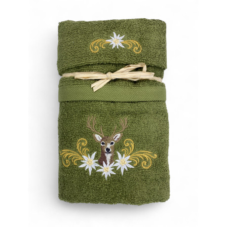 Set asciugamani verde Tirolese con ricamo cervo e stelle alpine bianche