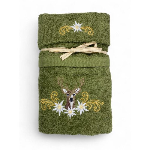 Tyrolean green towel set with deer embroidery and white edelweiss