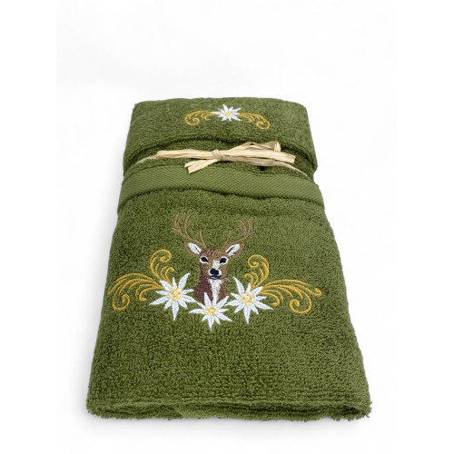 Toallas de baño de algodón verde con ciervos bordados y adornos dorados