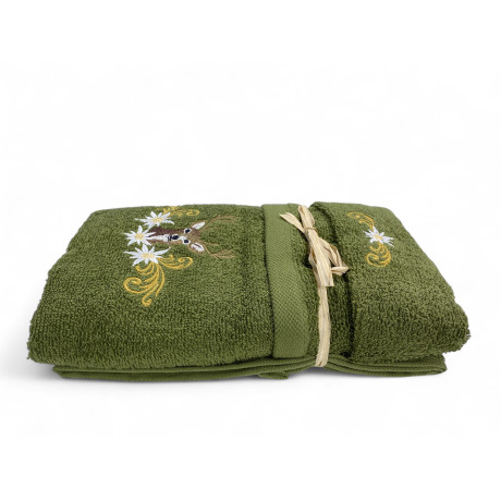 Set regalo bagno in spugna verde Tirolese con dettagli montani e fiocco
