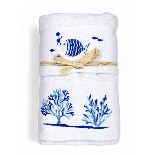 Set asciugamani bianco con pesci e coralli ricamati - spugna 100% cotone