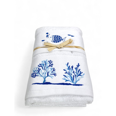 Serviette de plage blanche - poisson bleu et broderie corail - Made in Italy