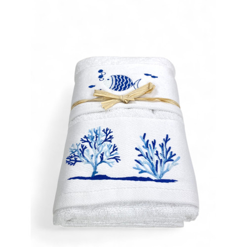 Asciugamano mare bianco - ricamo pesci blu e coralli - Made in Italy
