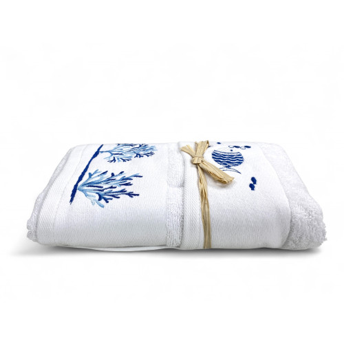 White nautical bath set with fish and corals - absorbent fabric