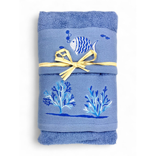 Serviette bleue avec poissons et coraux brodés - 100 % coton éponge