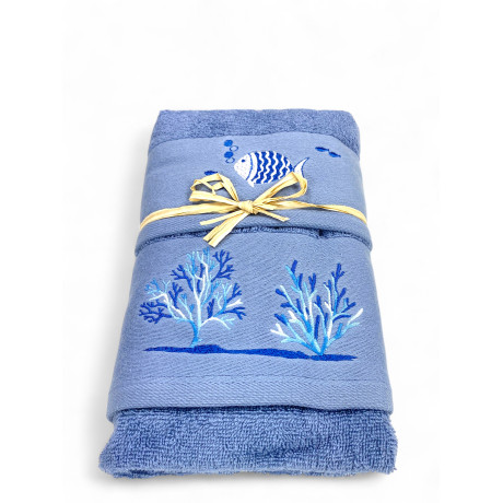 Blaues Strandtuch - weiße Fisch- und Korallenstickerei - Made in Italy