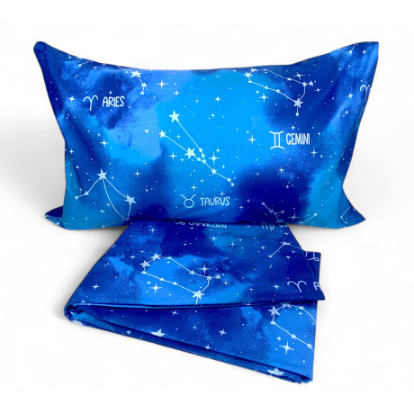 Completo lenzuola blu con segni zodiacali mistici su letto – cotone italiano